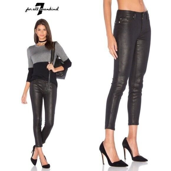 7 For All Mankind Pants Black Knee Seam Crackle Leather Skinny - Picture 1 of 11